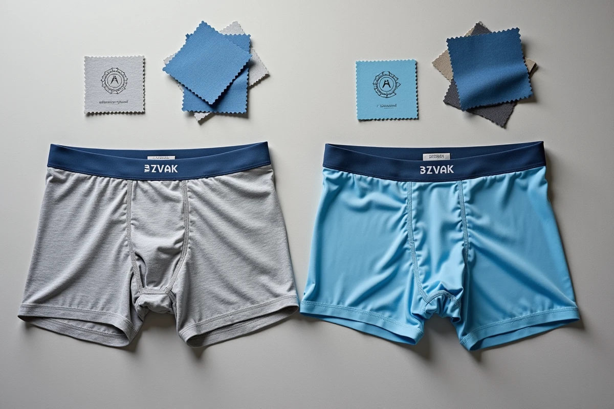 Comparaison de qualité d'impression sur deux boxers personnalisés côte à côte en vue du dessus