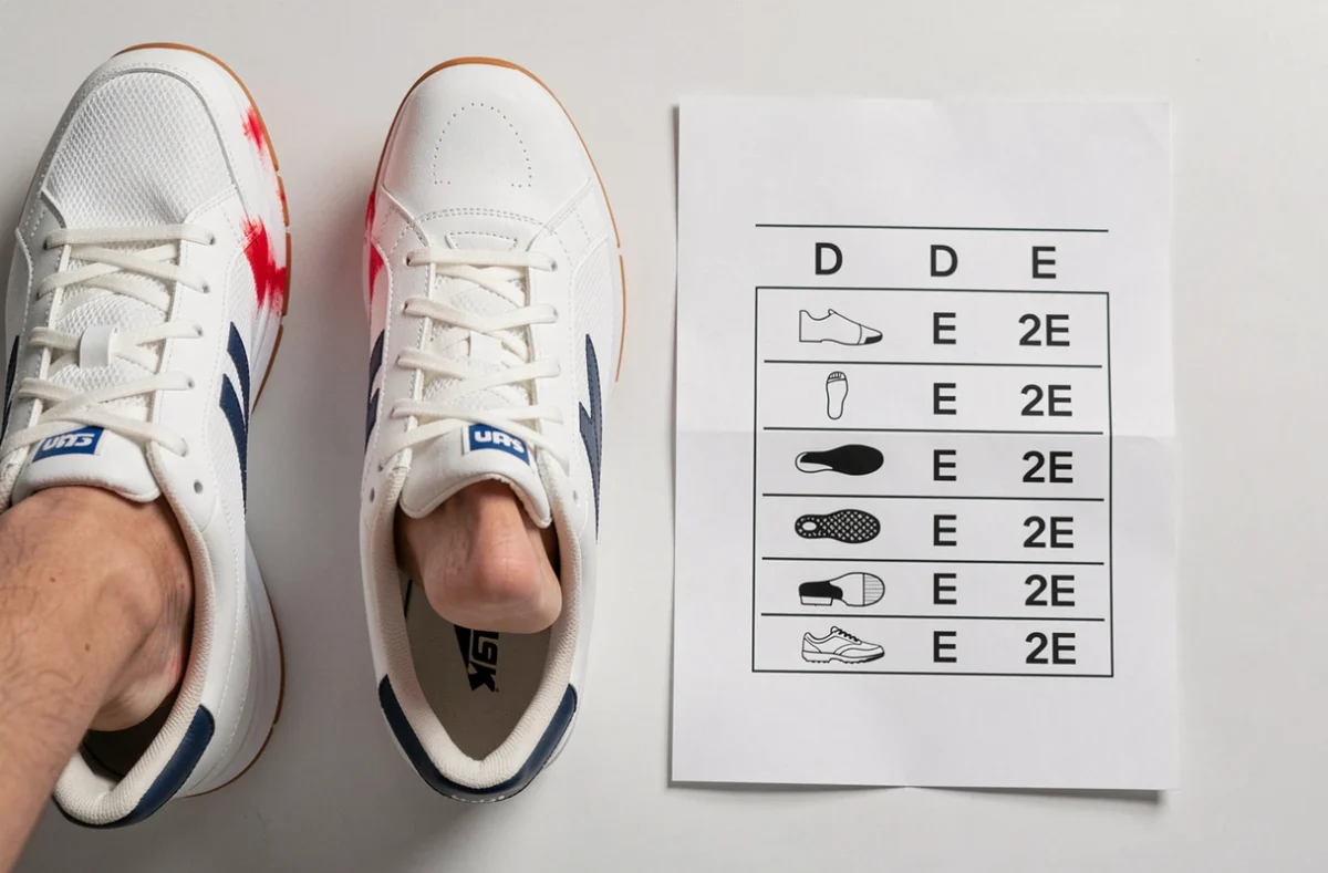 Comparaison de deux sneakers de même pointure mais de largeurs différentes posées à côté d'un guide des largeurs de chaussures
