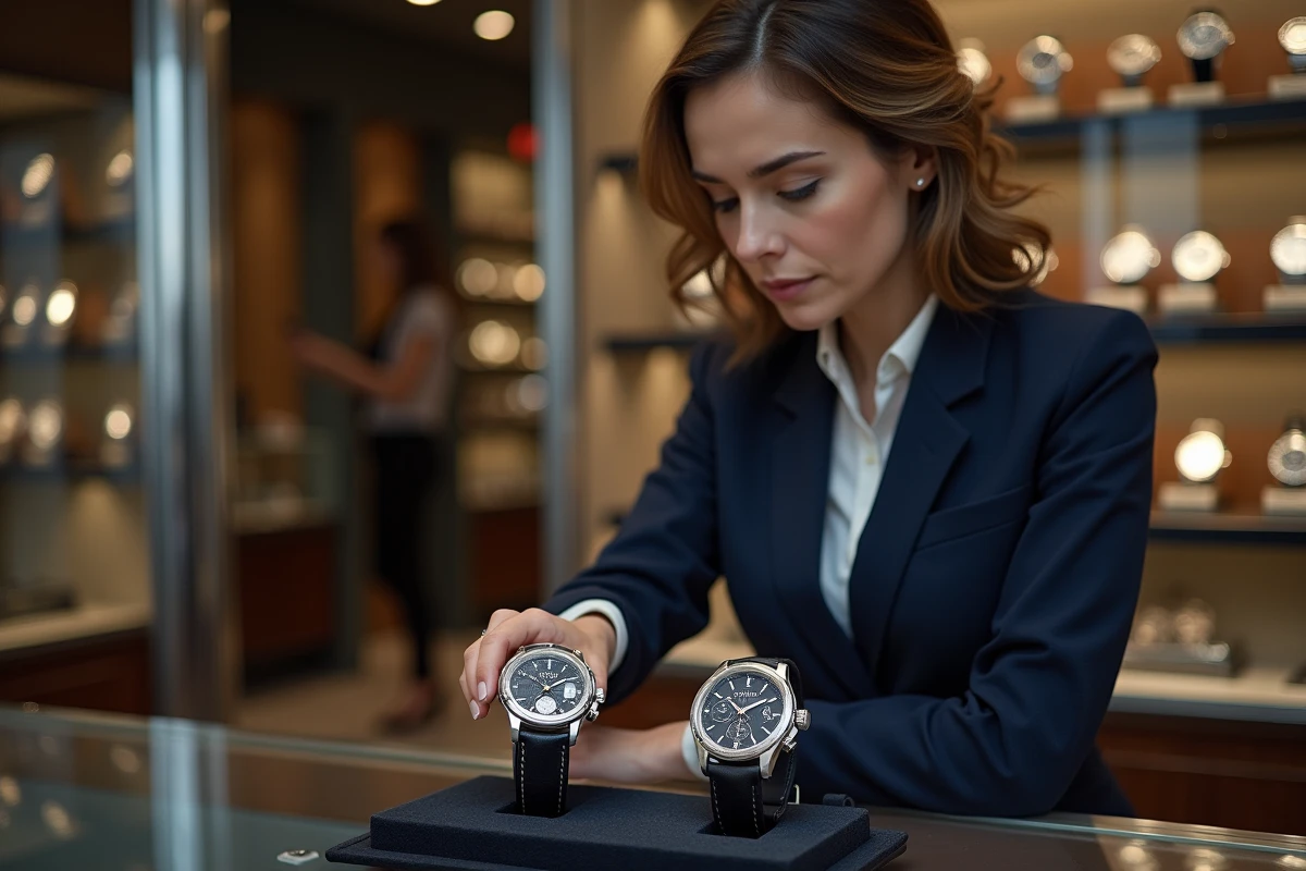 Femme comparant deux montres de luxe sur plateau en velours dans une boutique horlogère haut de gamme