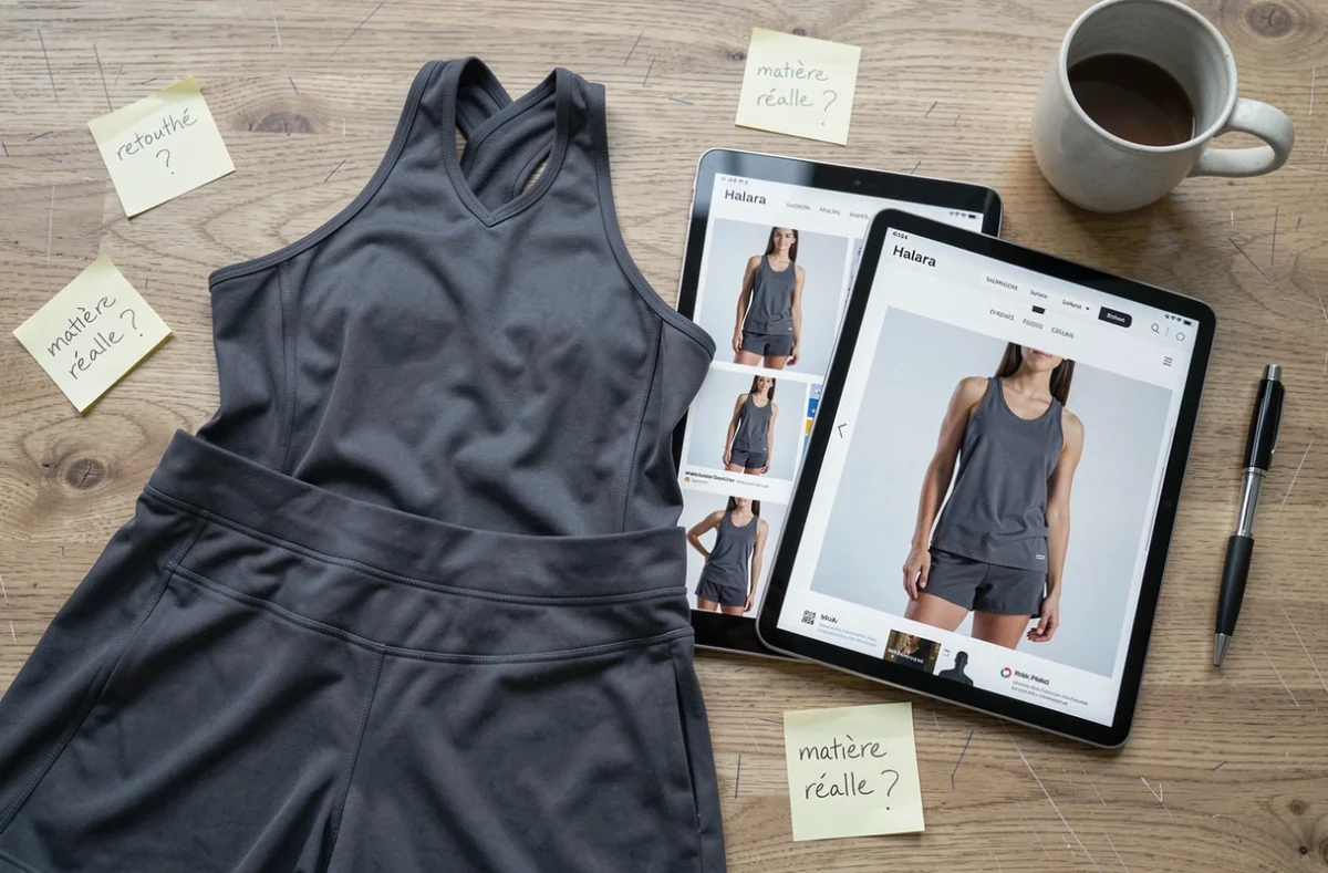 Comparaison flat-lay entre photos retouchées de vêtements Halara en ligne et apparence réelle du tissu