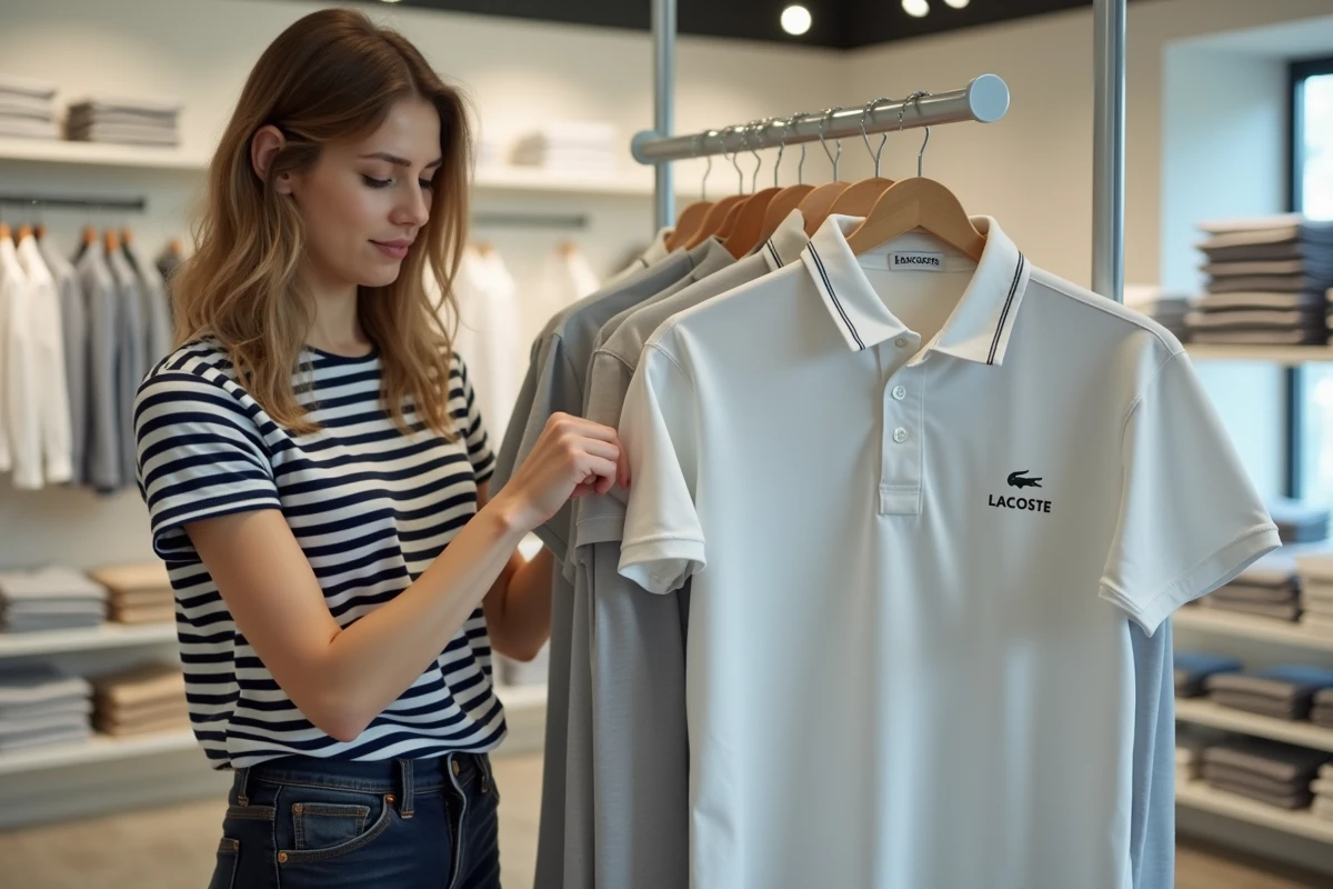Femme comparant deux tailles de polo Lacoste dans une boutique pour trouver la coupe idéale