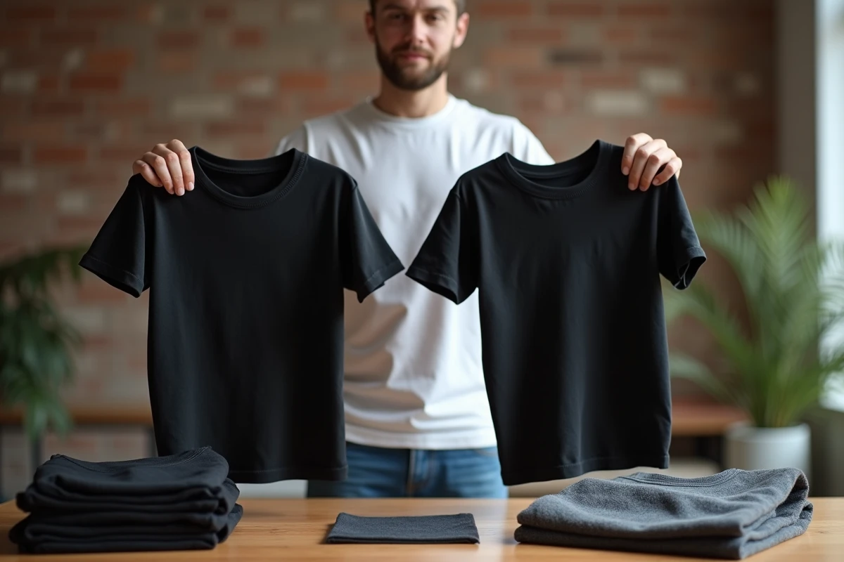 Homme comparant deux t-shirts Drake en tenant un original officiel et un bootleg côte à côte sur une table en bois
