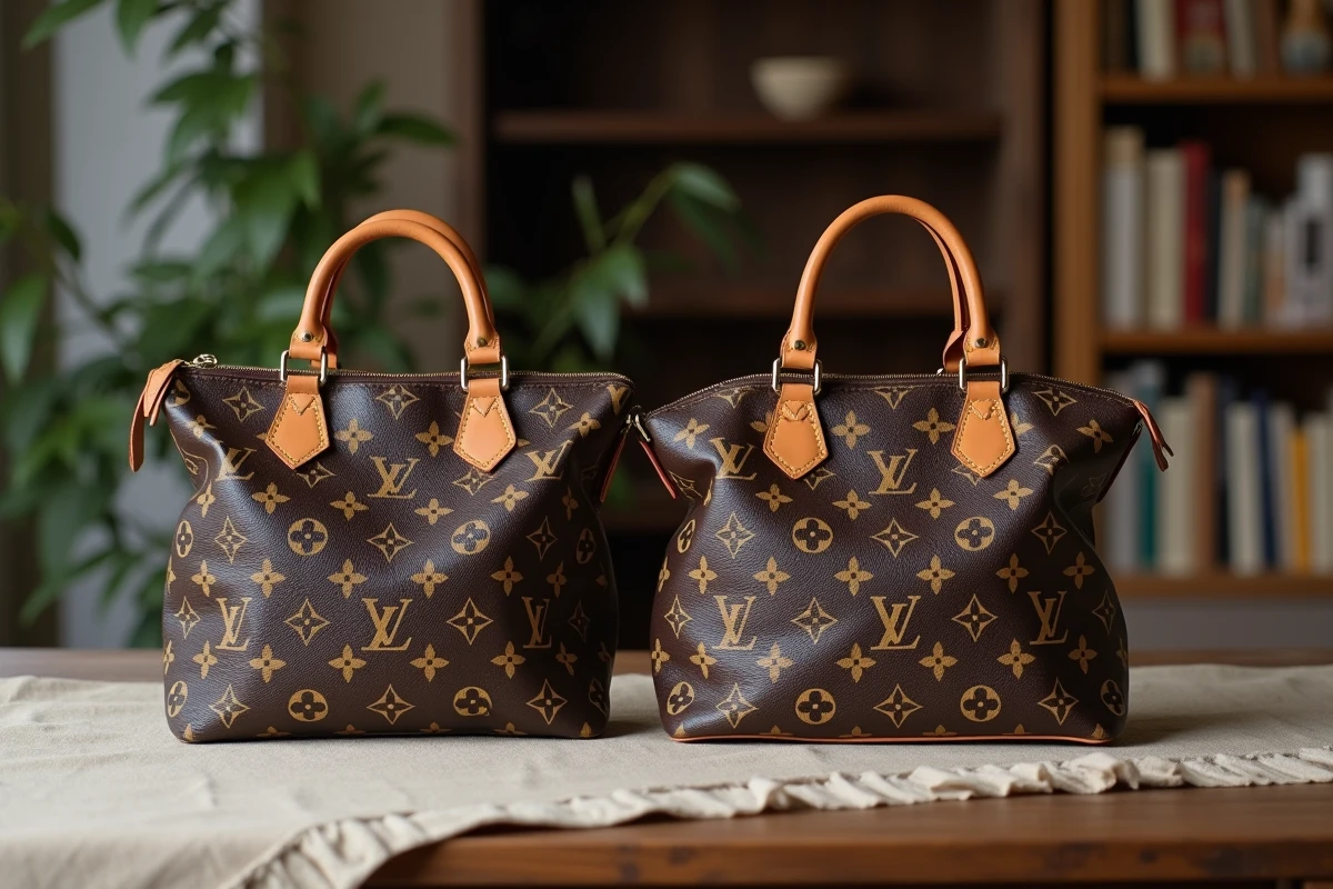 Comparaison côte à côte d'un vrai sac Louis Vuitton et d'une contrefaçon sur une table en bois, montrant les différences de motif et de qualité
