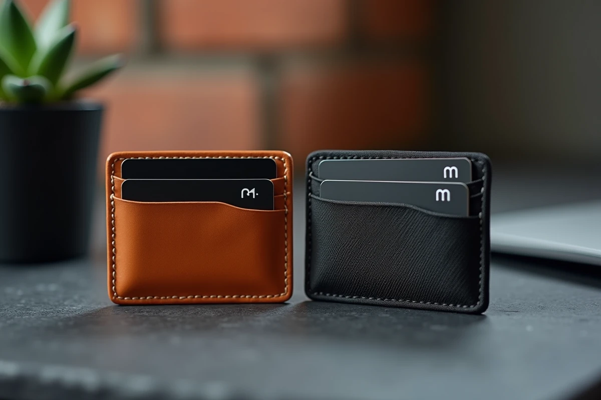Gros plan comparatif de deux porte-cartes homme sport chic en cuir et nylon technique sur surface en ardoise