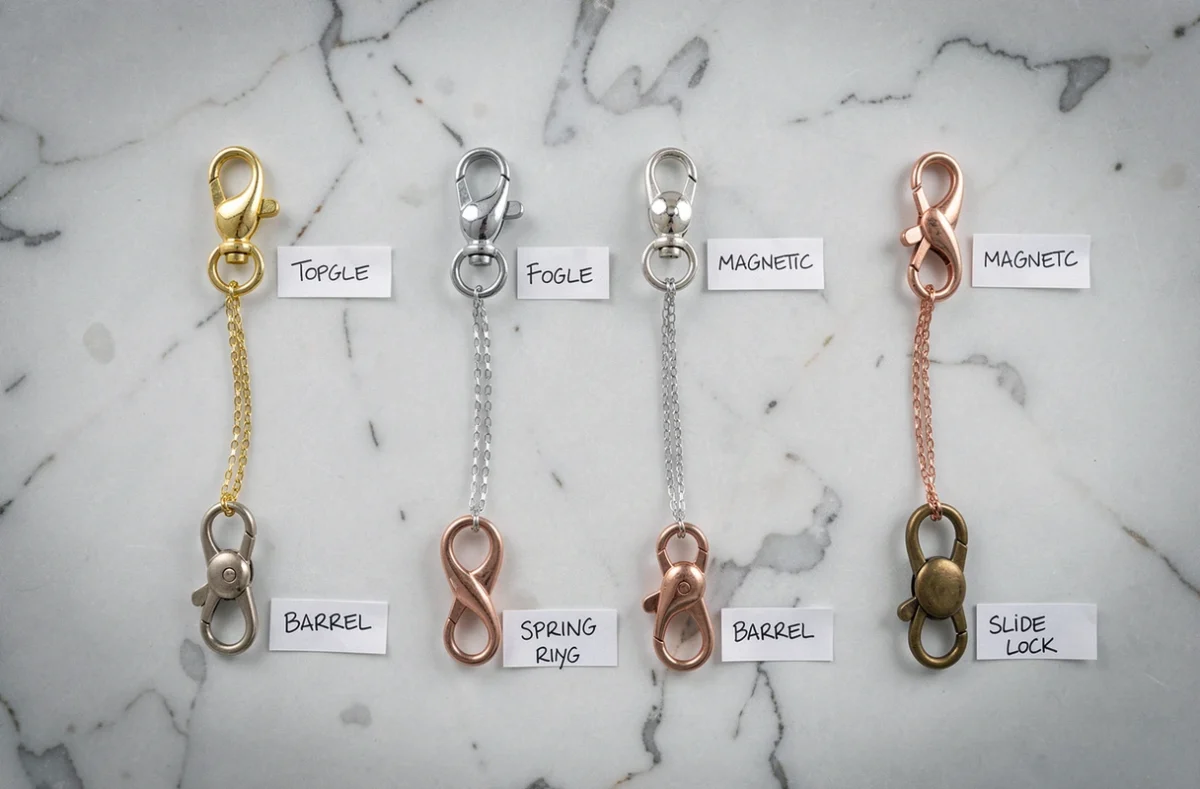 Comparatif à plat des différents types de fermoirs pour colliers : mousqueton, toggle, magnétique, baïonnette et autres systèmes de fermeture bijoux