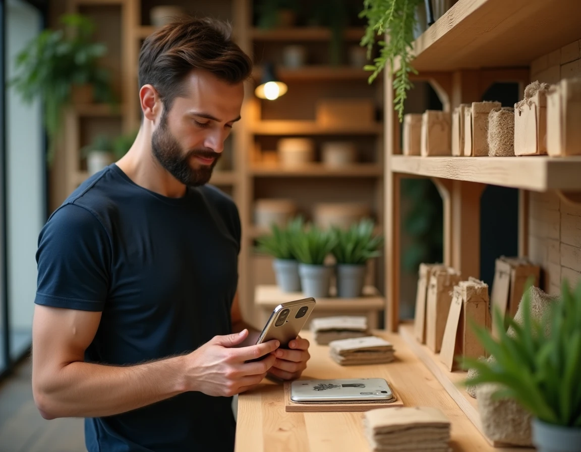 Homme choisissant une coque téléphone biodégradable en paille de blé dans une boutique éco-responsable avec rayonnages en bois brut