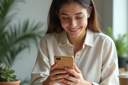 Femme tenant une coque téléphone écologique en liège et fibres recyclées, posée dans un espace de travail minimaliste et naturel
