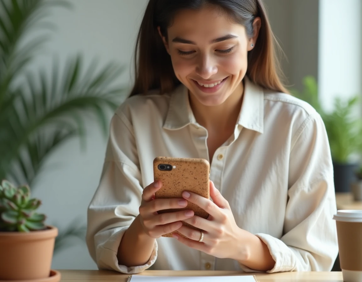 Femme tenant une coque téléphone écologique en liège et fibres recyclées, posée dans un espace de travail minimaliste et naturel