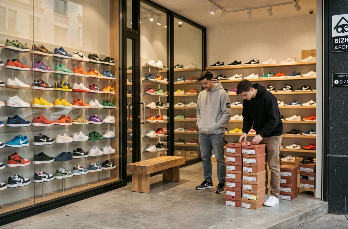 Devanture et intérieur de Corner Street Sneakers Shop avec un mur de sneakers colorées exposées