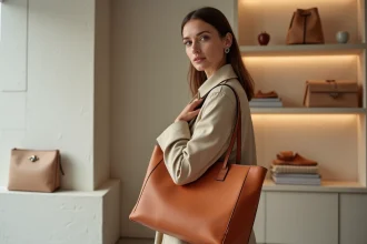 Femme tenant un sac structuré couleur terracotta dans une boutique parisienne minimaliste, illustration des tendances sacs 2026