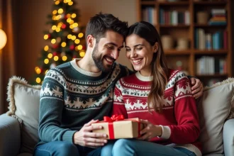 Jeune couple souriant en pulls de Noël dans un salon chaleureux