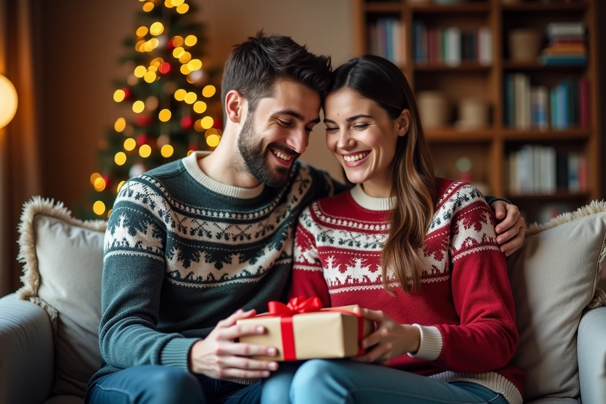 Jeune couple souriant en pulls de Noël dans un salon chaleureux