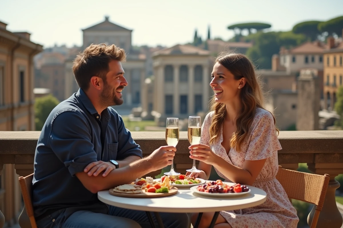Couple savourant un apéritif en terrasse avec vue sur le Forum romain lors d'un week-end prolongé en Italie en 2026