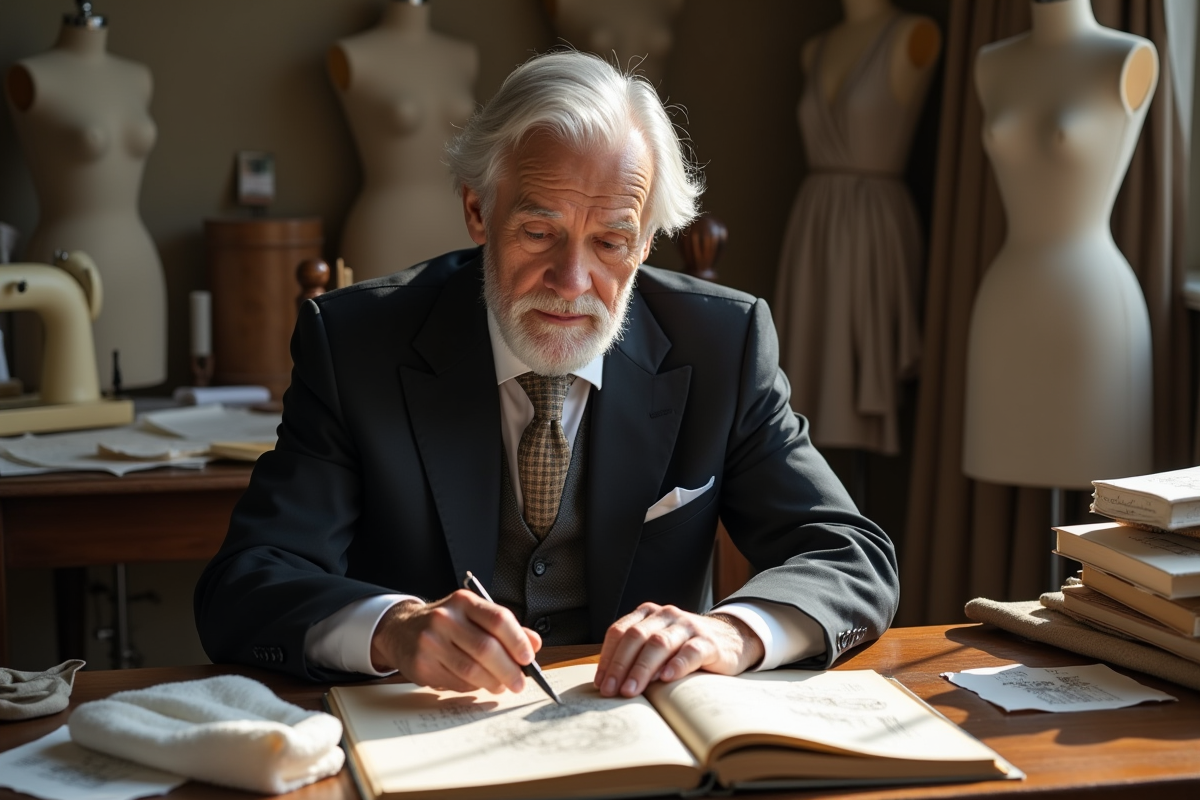 Couturier âgé dans son atelier vintage avec tissus et croquis