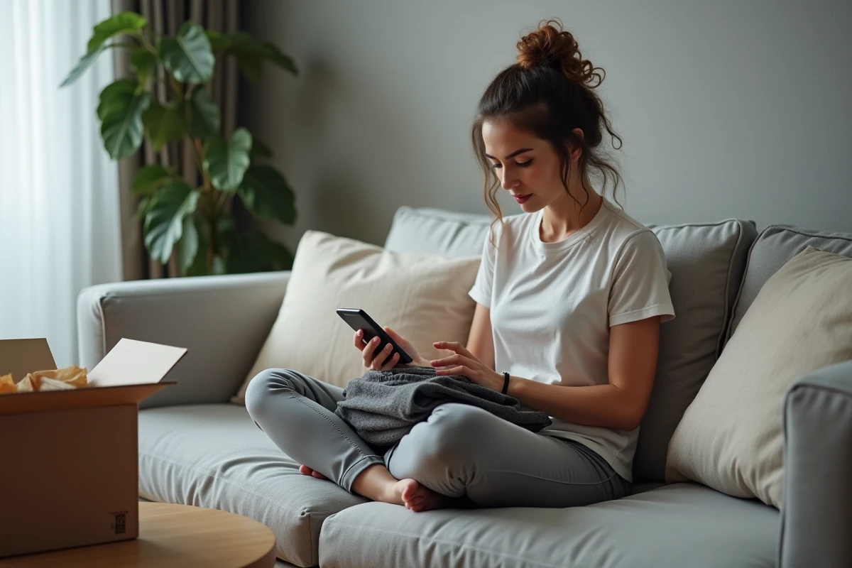 Femme déballant une commande de vêtements Thehalara et consultant les avis en ligne sur son téléphone pour éviter les mauvaises surprises