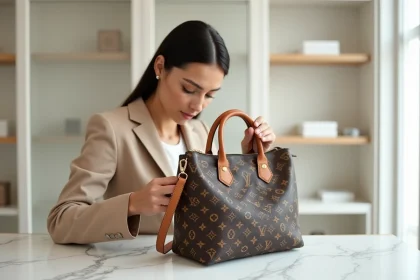 Femme inspectant de près les coutures et la quincaillerie d'un faux sac Louis Vuitton avec une loupe sur un comptoir en marbre blanc