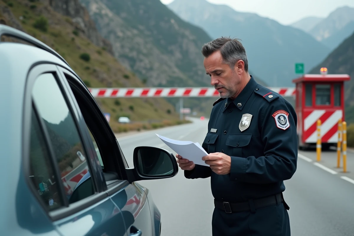 Douanier en uniforme contrôlant les documents d'un conducteur à un poste frontière du Pas de la Case