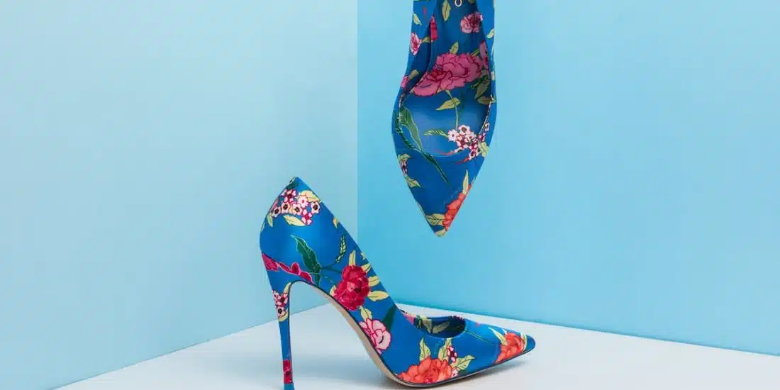 pair of blue-and-pink floral almond-toe pumps