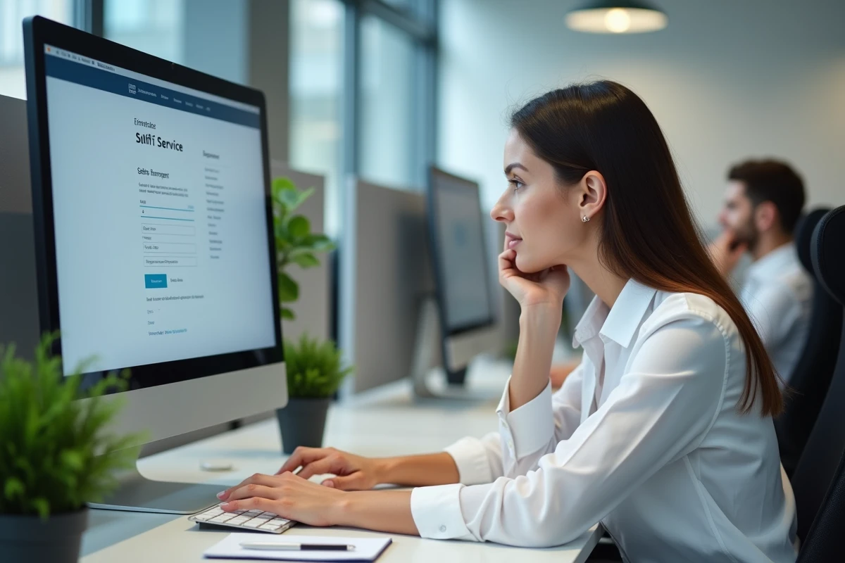 Employée de bureau accédant à un portail RH en ligne pour gérer son habillement professionnel La Poste