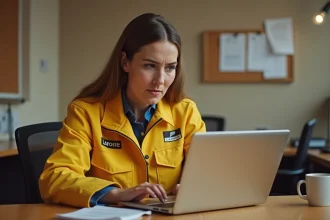 Employée La Poste en uniforme jaune tentant d'accéder au portail Mon habillement sur un ordinateur portable