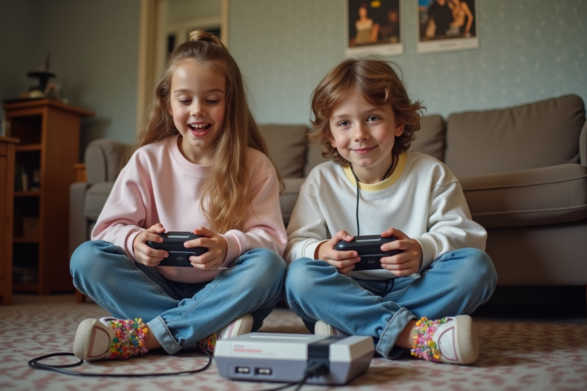 Frère et sœur jouant à la console dans un salon vintage