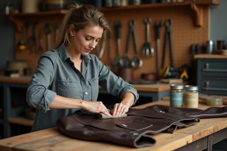 Femme appliquant un produit d'entretien sur un blouson en cuir marron posé sur un établi en bois