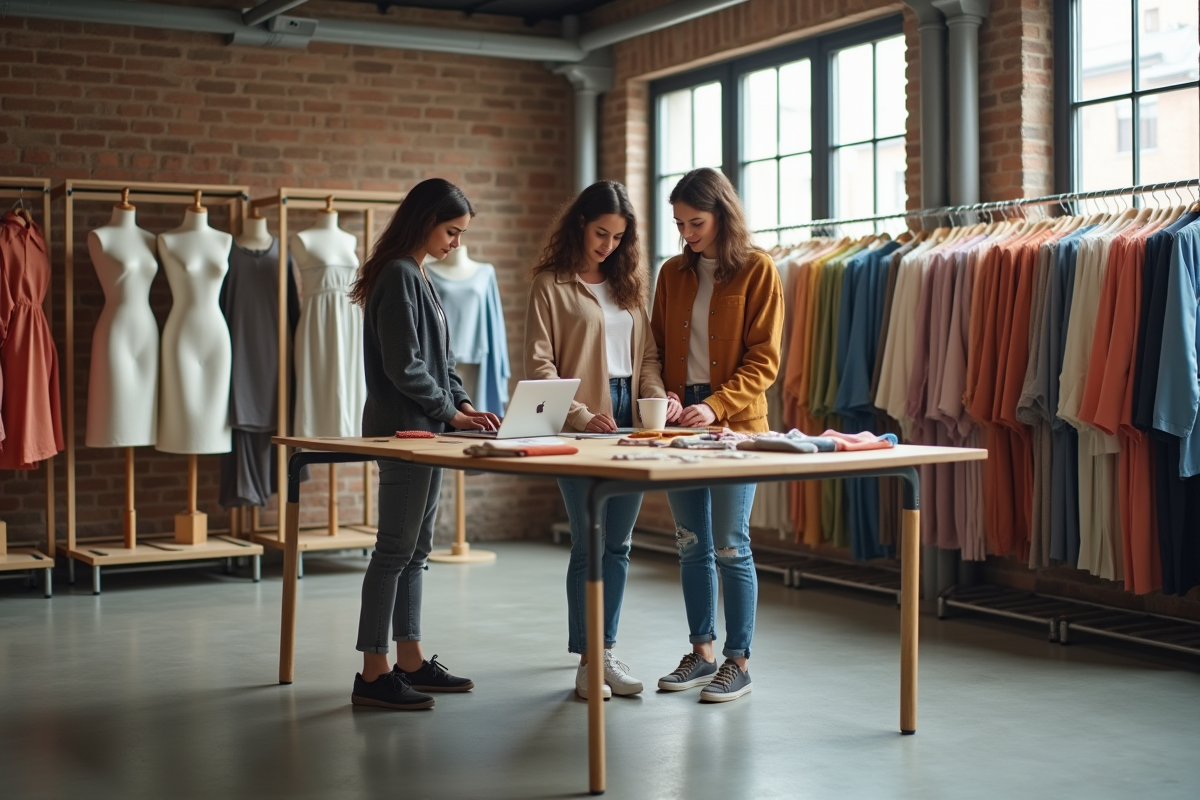 Groupe de jeunes créateurs en atelier de mode dynamique