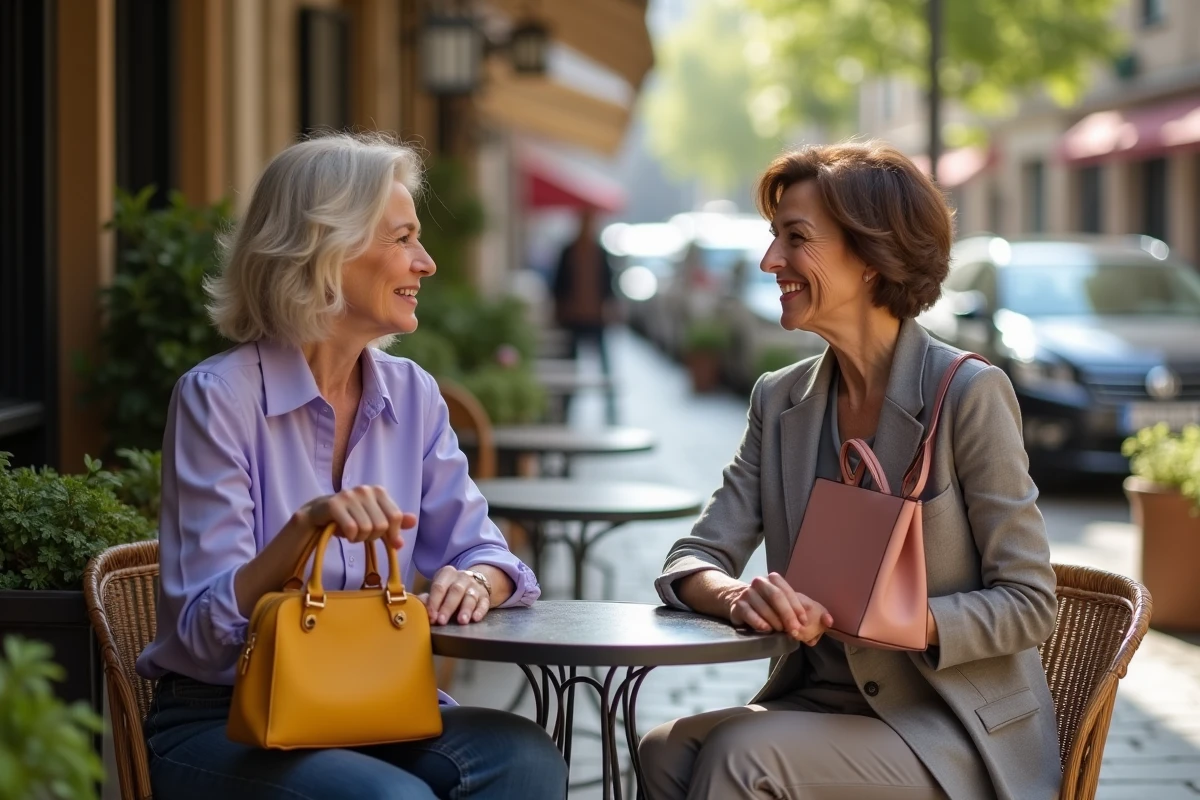 Deux femmes à une terrasse de café comparant des sacs aux teintes contrastées, erreurs de couleur qui vieillissent une silhouette versus teintes tendance 2026