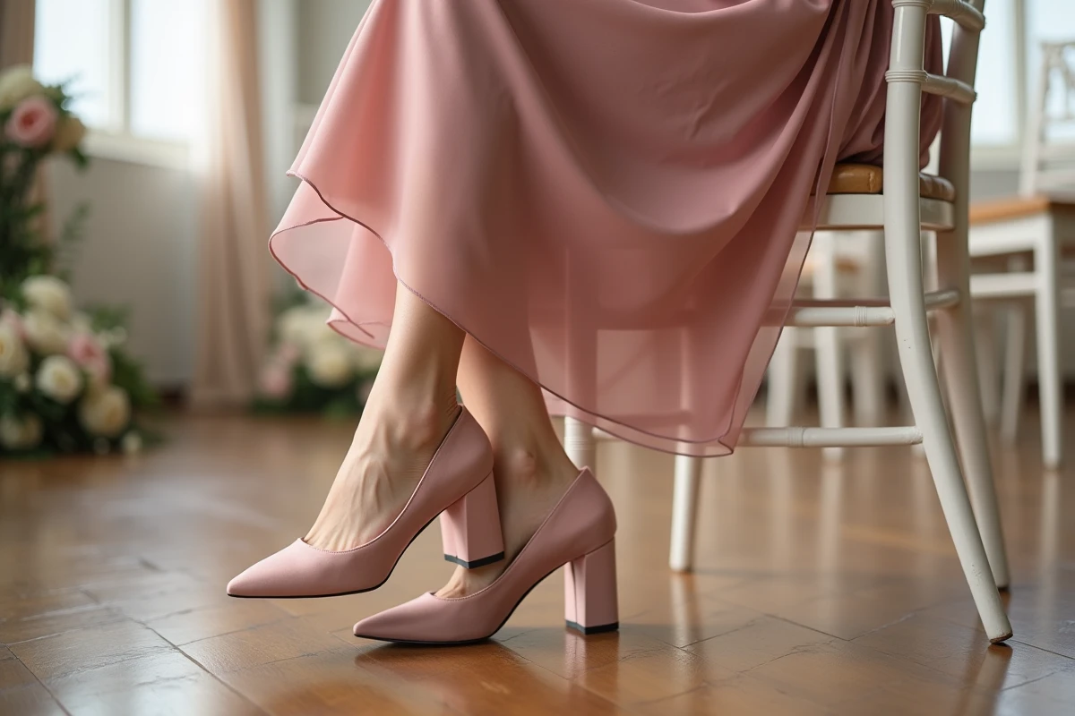 Escarpins en satin blush assortis à une robe demoiselle d'honneur lors d'une réception de mariage