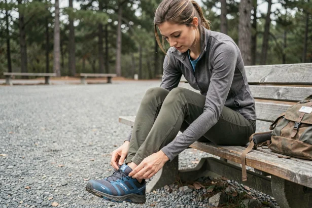 Femme essayant des chaussures Salomon de trail sur un banc en bois, vérifiant l'ajustement de la pointure avec le pouce