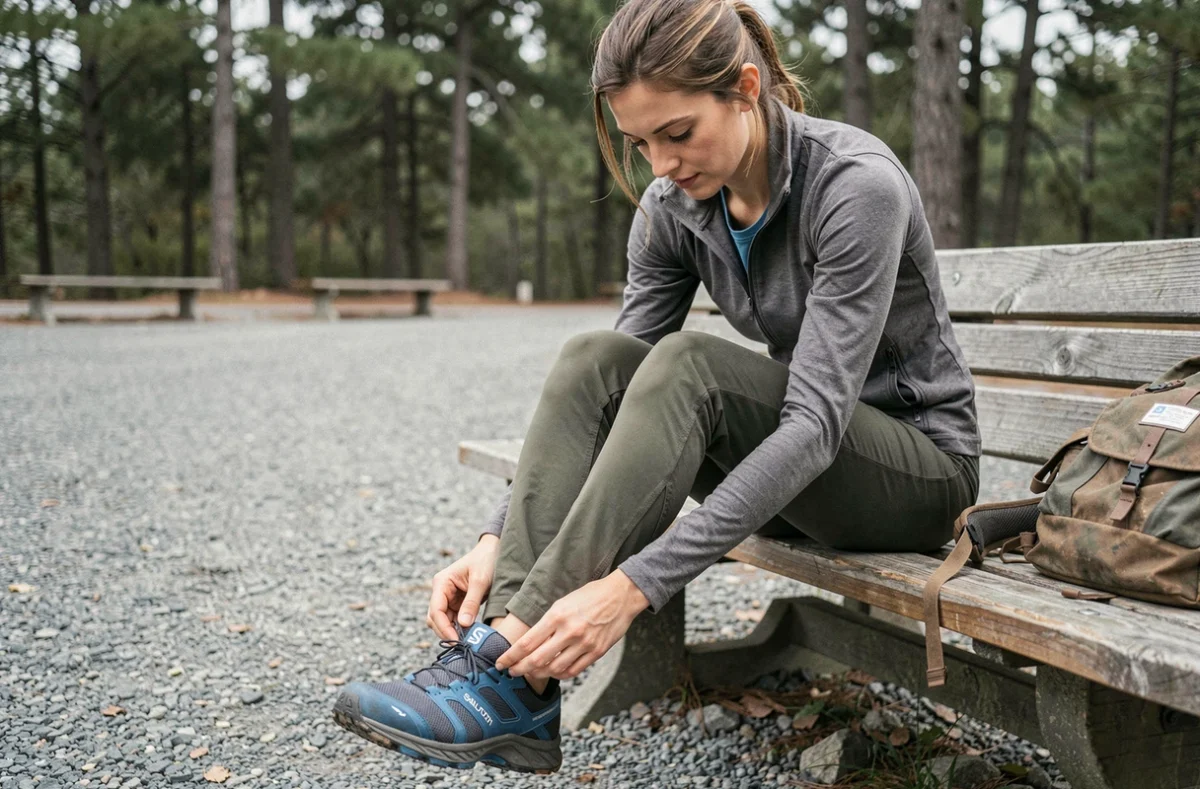 Femme essayant des chaussures Salomon de trail sur un banc en bois, vérifiant l'ajustement de la pointure avec le pouce