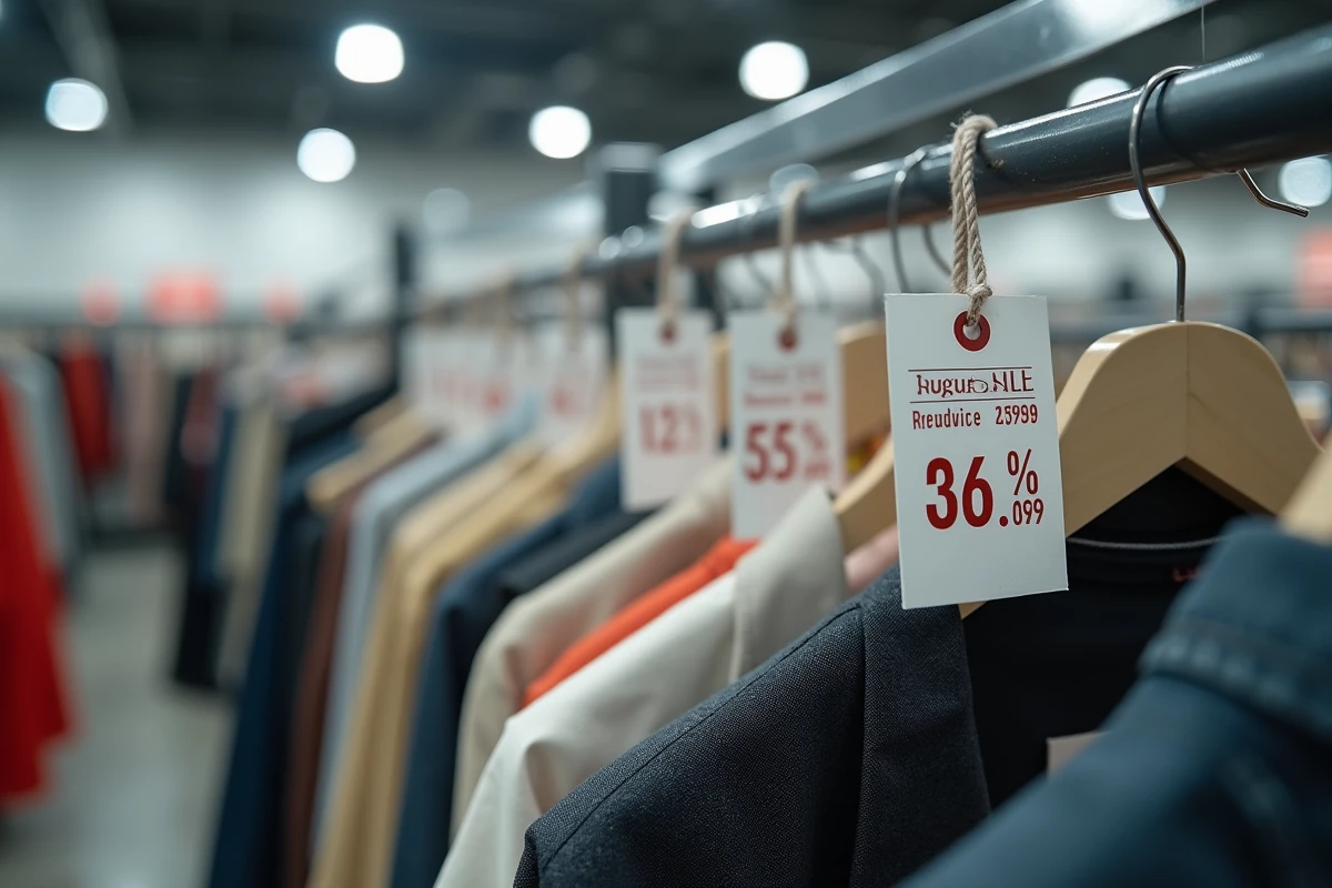 Étiquettes de prix barrés sur des vêtements de grandes marques dans un magasin de déstockage