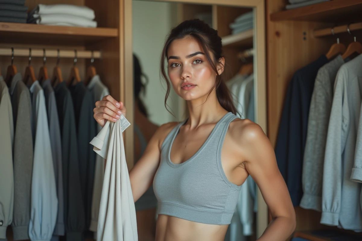 Femme examinant attentivement un vêtement de sport Thehalara dans son dressing, évaluant la qualité et la fiabilité du tissu