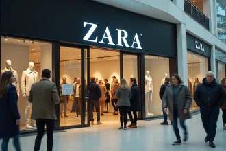 Façade d'un magasin Zara dans un centre commercial européen avec des clients devant l'entrée