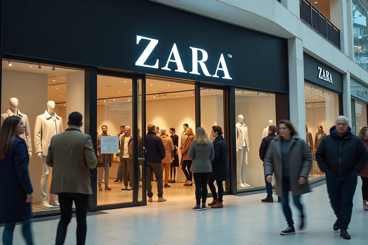 Façade d'un magasin Zara dans un centre commercial européen avec des clients devant l'entrée