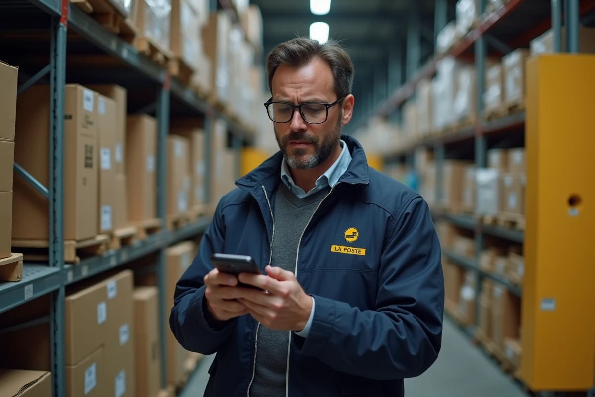 Facteur La Poste consultant son smartphone pour accéder à l'application Mon habillement sans blocage
