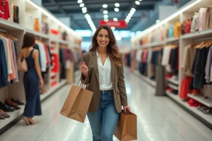 Femme souriante tenant des sacs de grandes marques dans un magasin de déstockage avec des rayons bien garnis