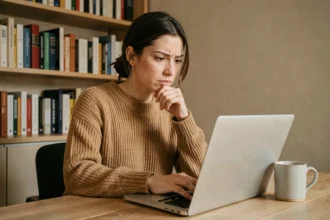 Femme analysant des avis clients sur un ordinateur portable pour repérer les faux commentaires avant un achat en ligne