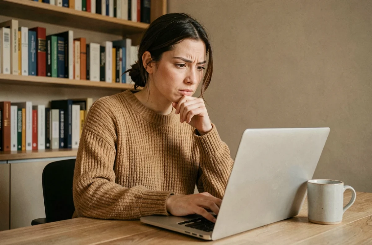 Femme analysant des avis clients sur un ordinateur portable pour repérer les faux commentaires avant un achat en ligne