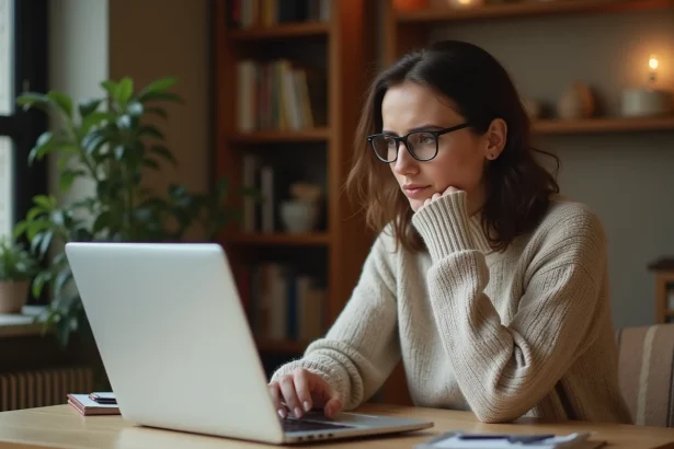 Femme consultant des avis clients sur un site de mode en ligne depuis son bureau à domicile, l'air songeur face aux retours Thehalara