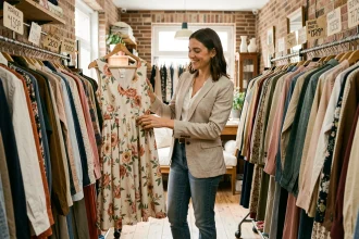 Femme parcourant des vêtements de seconde main dans une boutique vintage parisienne, alternative maligne aux soldes