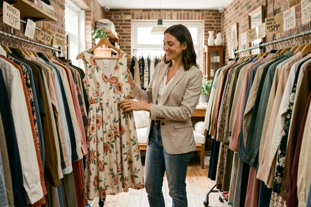 Femme parcourant des vêtements de seconde main dans une boutique vintage parisienne, alternative maligne aux soldes