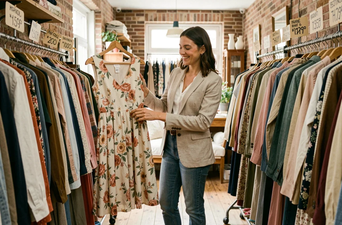 Femme parcourant des vêtements de seconde main dans une boutique vintage parisienne, alternative maligne aux soldes
