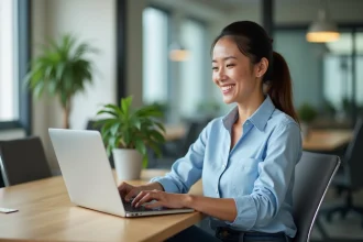 Femme souriante travaillant sur un ordinateur dans un bureau moderne