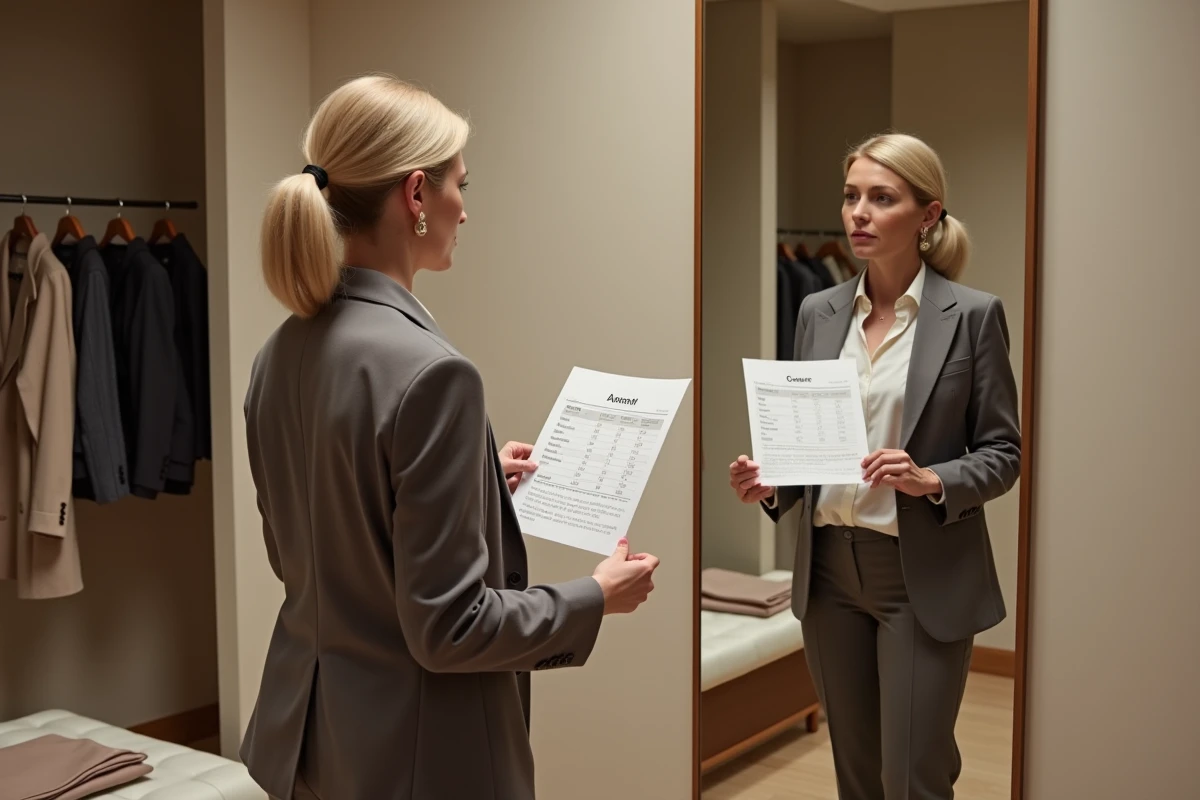 Femme dans une cabine d'essayage tenant un guide de correspondance des tailles de vêtements France Europe US et UK devant un miroir