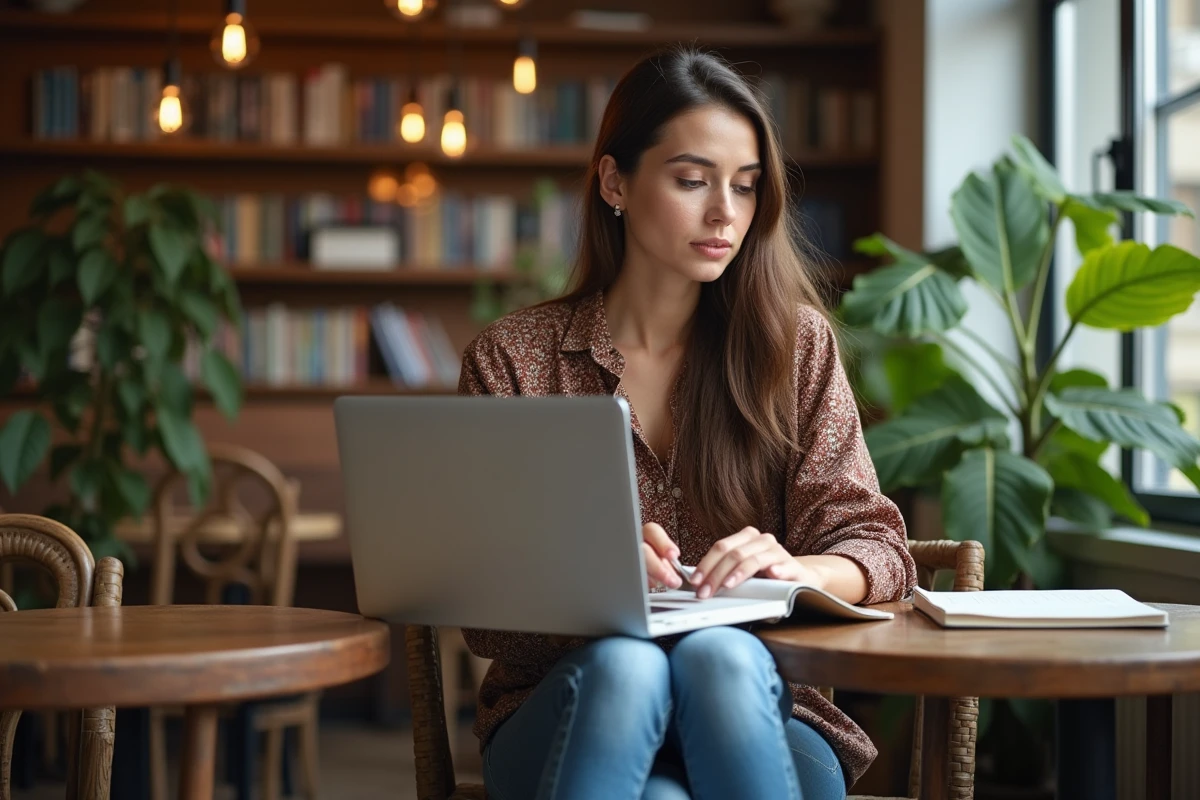 Femme assise dans un café avec ordinateur et carnet
