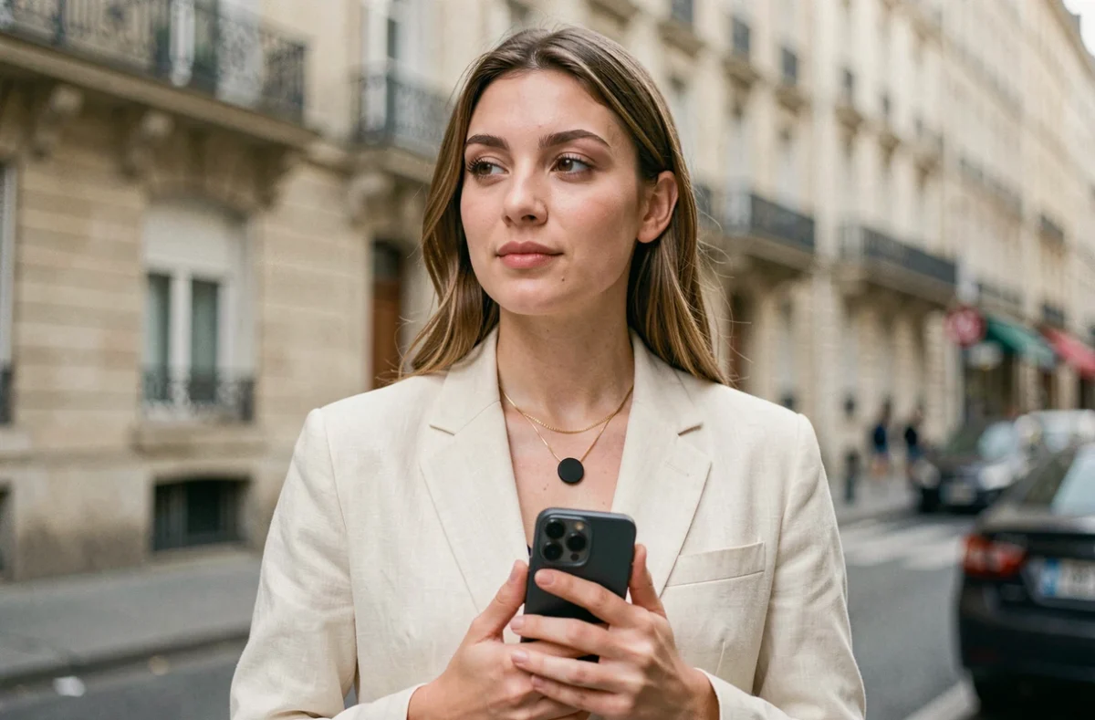 Femme portant une chaîne avec anneau MagSafe pour smartphone dans la rue à Paris