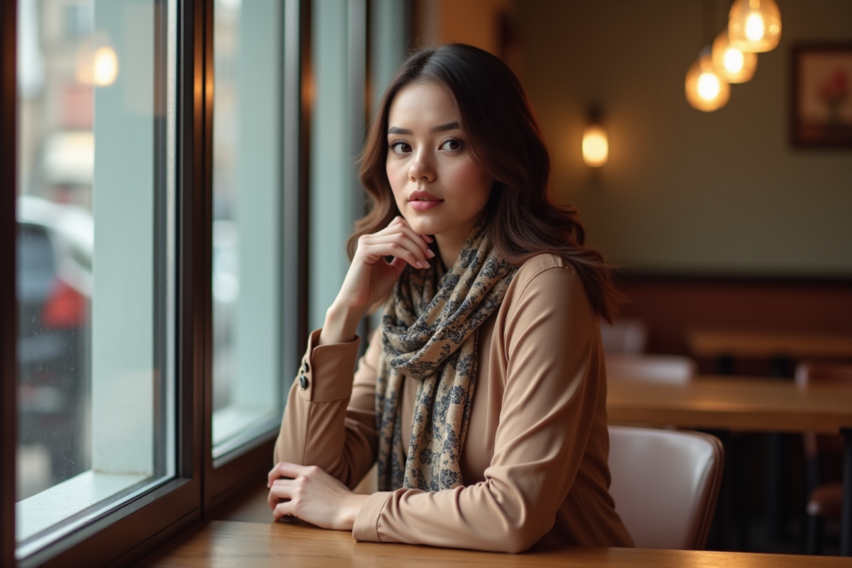 Femme sophistiquée assise dans un café urbain lumineux