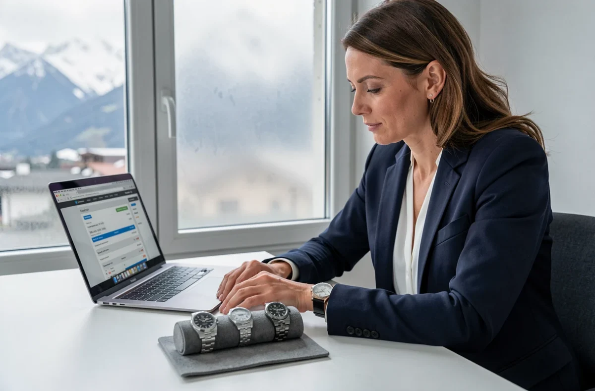 Femme comparant deux montres Rolex sur un bureau moderne pour trouver la meilleure offre en Suisse