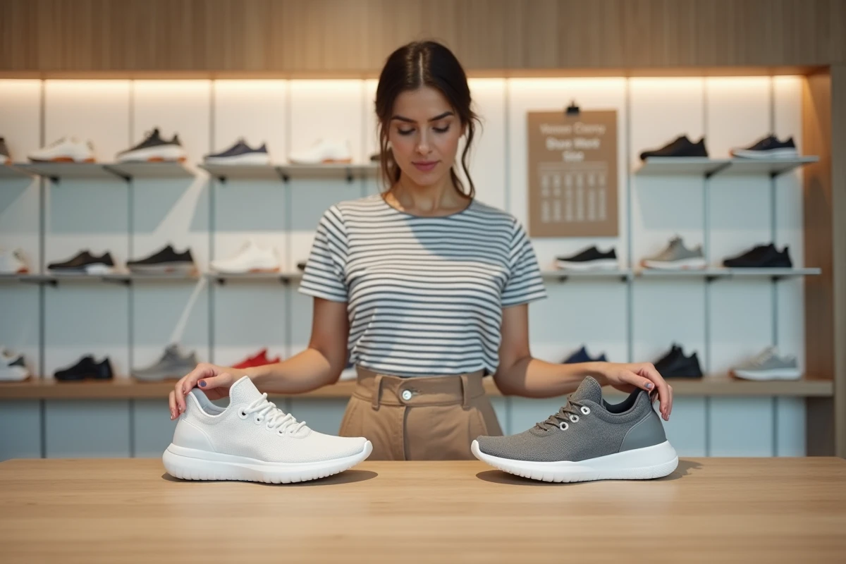 Femme comparant deux sneakers dans un magasin de chaussures avec tableau de correspondance de pointures UK visible en arrière-plan